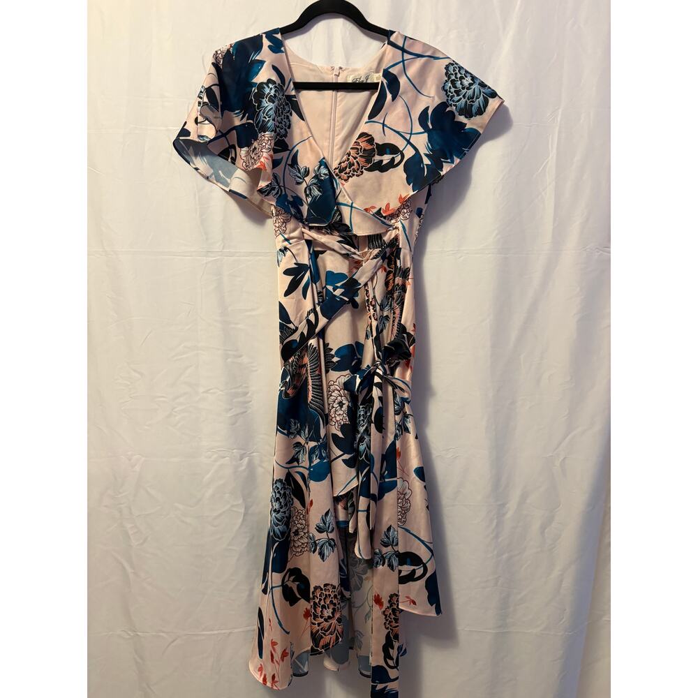 Eliza J Floral Flutter High Low Faux Wrap Dress Pink Blue Sz 6